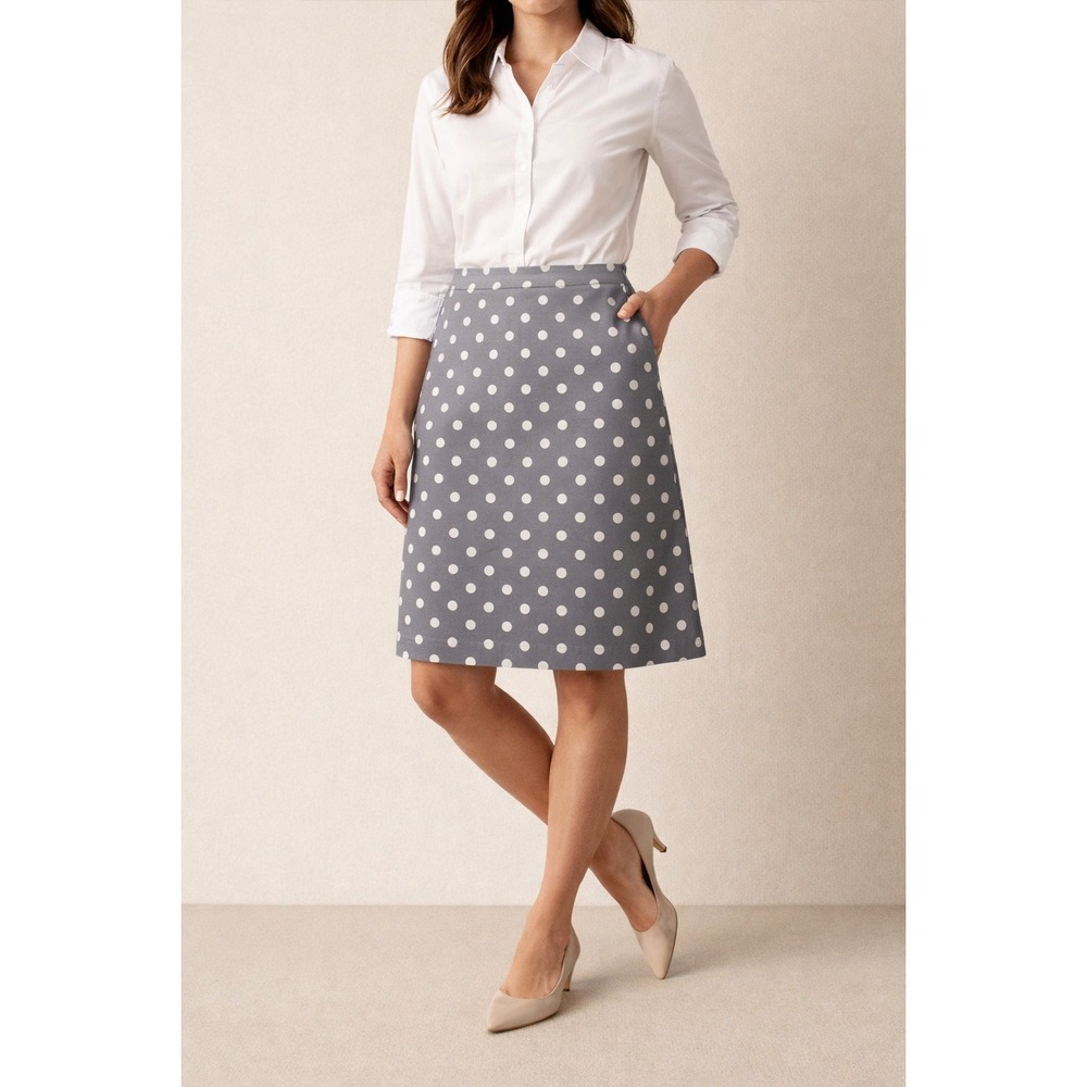 Boden Women's Size 8 Gray White Polka Dot A-Line Skirt Lined Cotton Office‎